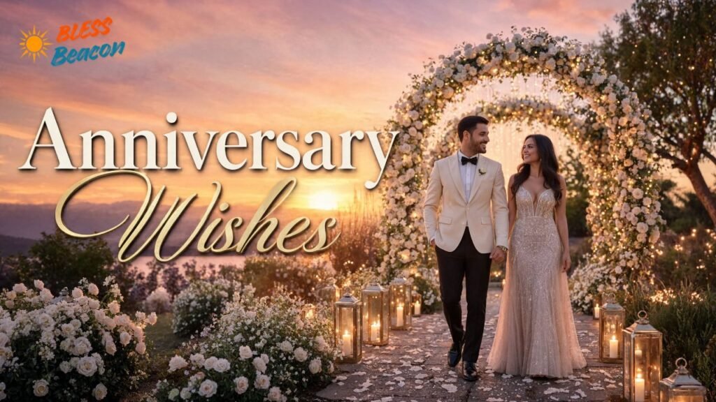 Romantic anniversary wishes featured image with a happy couple celebrating in a beautiful flower garden at sunset.