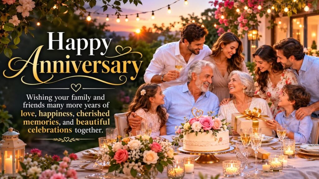 Family and friends celebrating an anniversary together at an elegant outdoor dinner with flowers and warm sunset lighting.