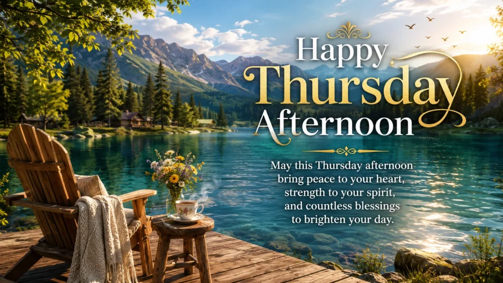 250+Thursday Afternoon Blessings, Prayers, Quotes & Wishes 3 Happy Thursday afternoon image featuring a peaceful mountain lake, wooden dock, and warm golden afternoon sunlight.