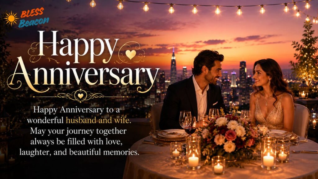 Husband and wife enjoying a romantic rooftop anniversary dinner with a beautiful sunset city skyline.