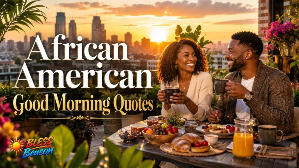 African American Good Morning Quotes image with friends enjoying a peaceful sunrise on a terrace.