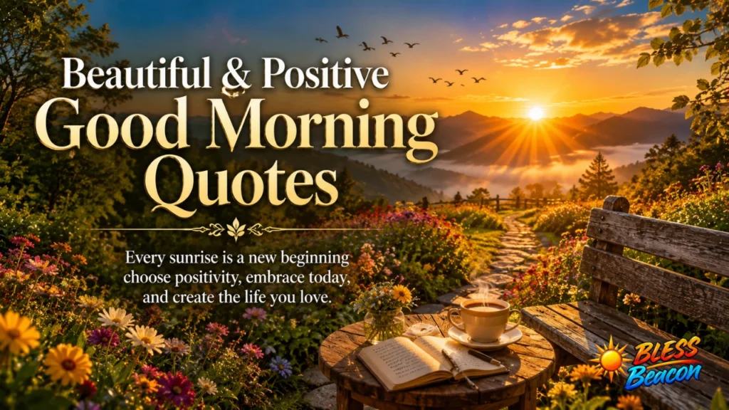 250+ African American Good Morning Quotes, Blessings & Prayers 3 Beautiful and Positive Good Morning Quotes image with a flower meadow, mountain sunrise, coffee, and journal.