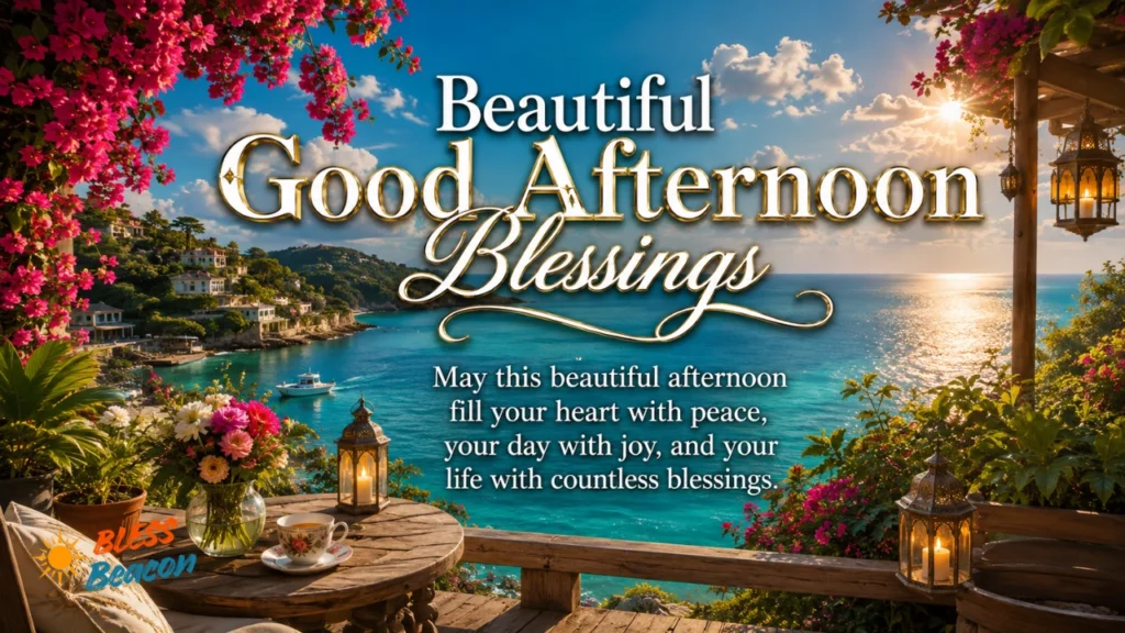 Beautiful Good Afternoon Blessings image with a peaceful coastal view, flowers, and warm afternoon sunlight.