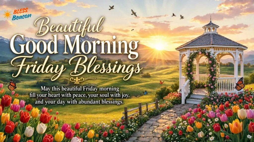 Beautiful Good Morning Friday Blessings image featuring a colorful tulip valley, sunrise, and a charming white gazebo.