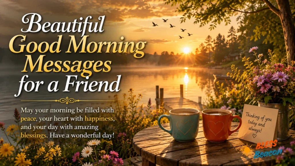 Beautiful morning scene with coffee, flowers, and a friendship card by a peaceful lake.