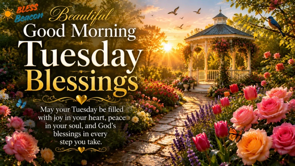 Beautiful Tuesday morning blessings with a flower garden, gazebo, and golden sunrise.