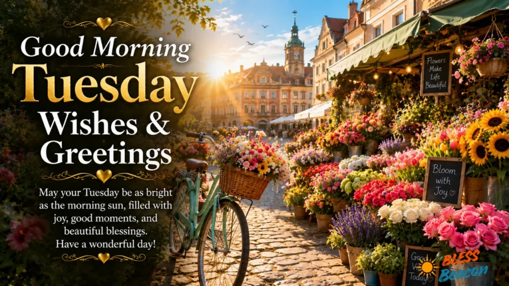 Tuesday morning wishes with colorful flowers, a bicycle, and a sunny town square.