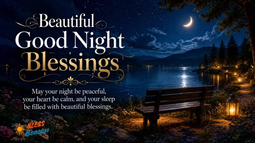 Beautiful Good Night Blessings image with a peaceful lake, crescent moon, stars, and glowing lanterns.