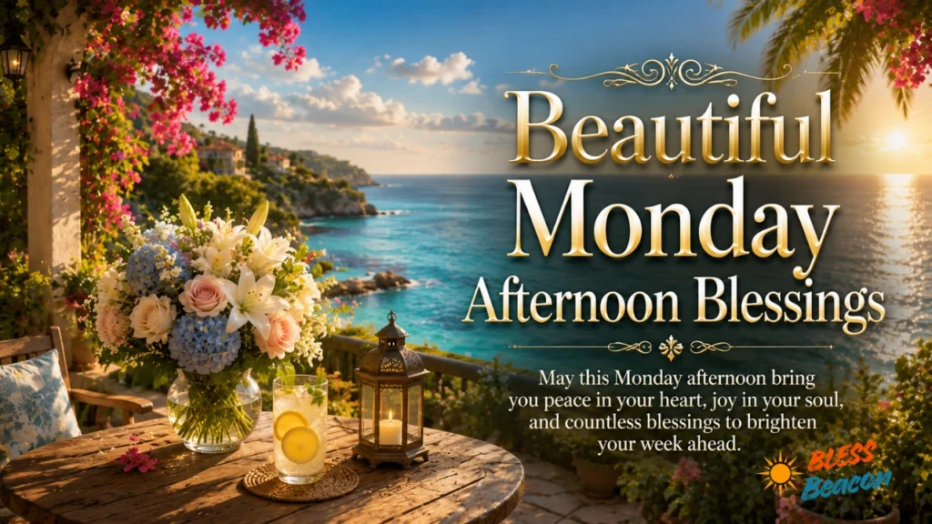Beautiful Monday Afternoon Blessings with a coastal terrace, flowers, and warm sunlight.
