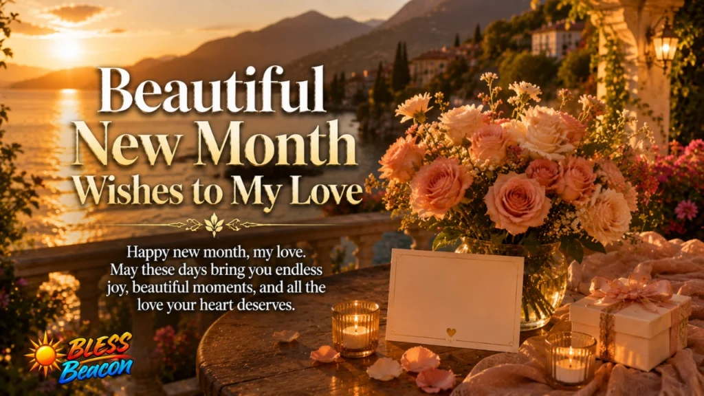 Beautiful New Month Wishes to My Love with roses, a greeting card, and a peaceful lakeside view.