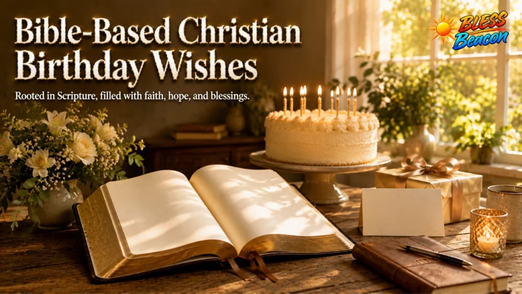 Bible-based Christian birthday wishes with an open Bible and birthday cake