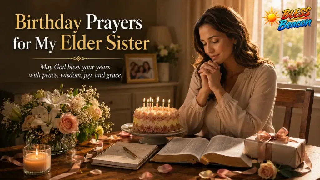 Birthday prayer scene with an open Bible, cake, flowers, gift, and family photograph