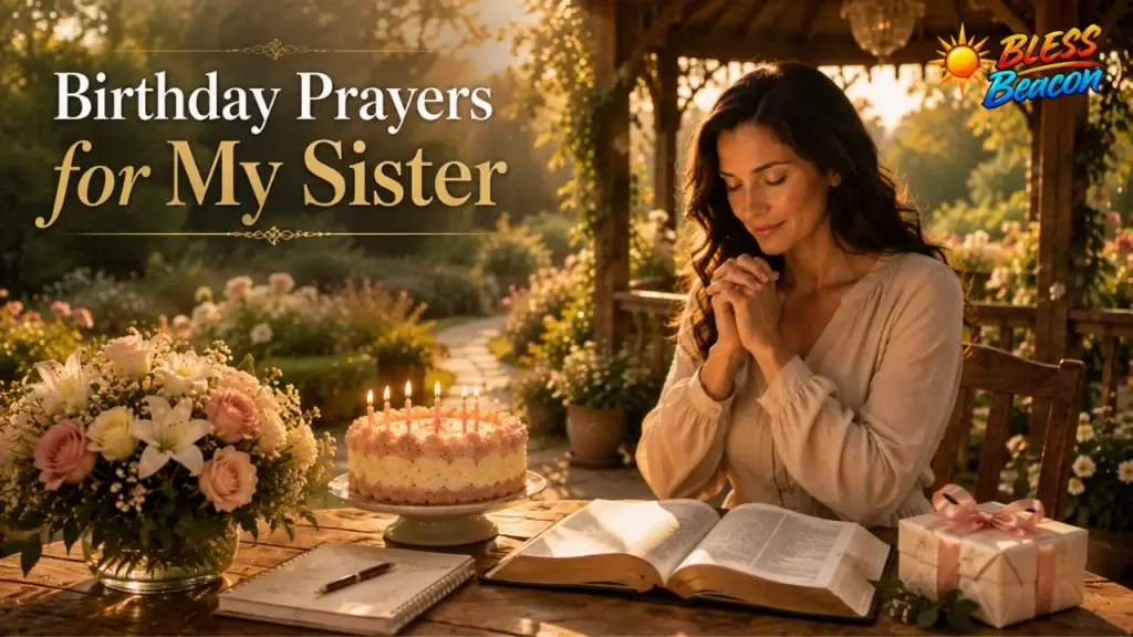 Birthday prayers for my sister with a woman praying beside a Bible, cake, flowers, and gift.