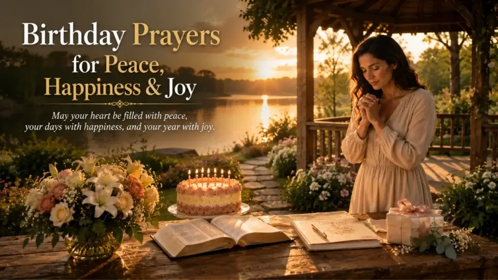 Birthday prayer scene with a Bible, birthday cake, flowers, and peaceful sunrise.
