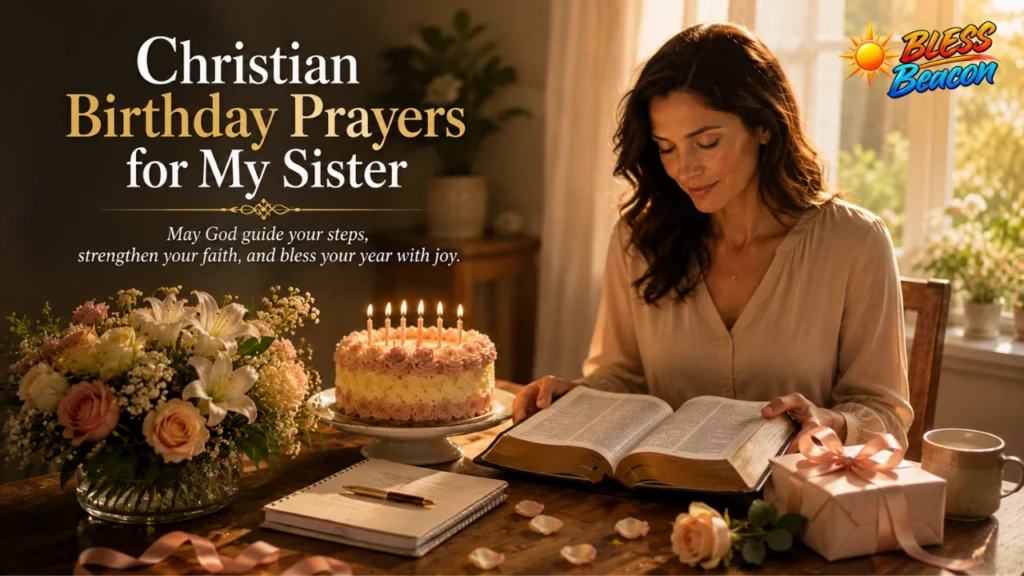 Christian birthday prayer scene with a woman, open Bible, cake, flowers, and gift.