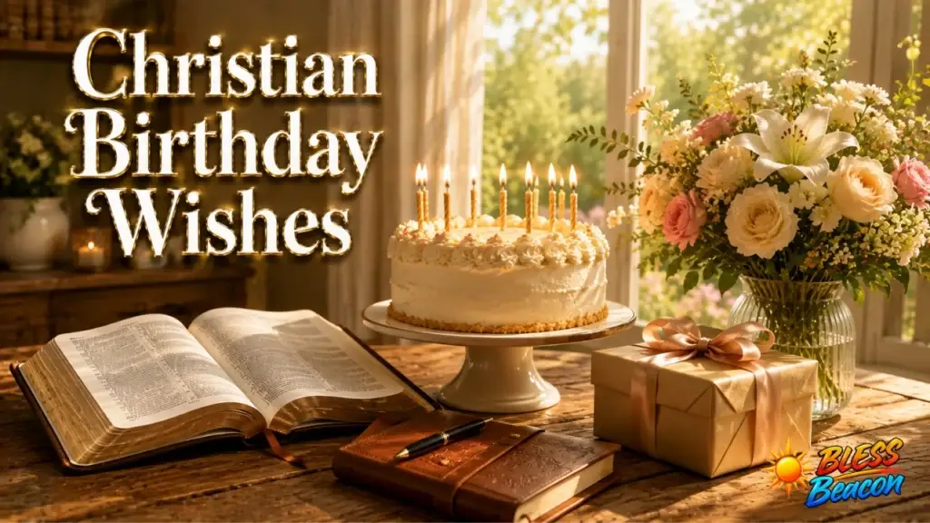 Christian birthday wishes with Bible and birthday cake