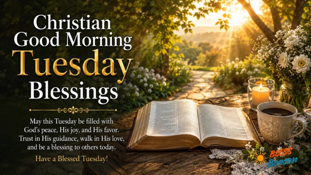 Christian Tuesday blessings with an open Bible, flowers, and warm morning sunlight.