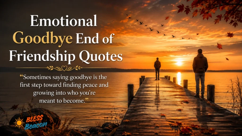 Emotional goodbye end of friendship quotes image with two friends on a lakeside pier at sunset.