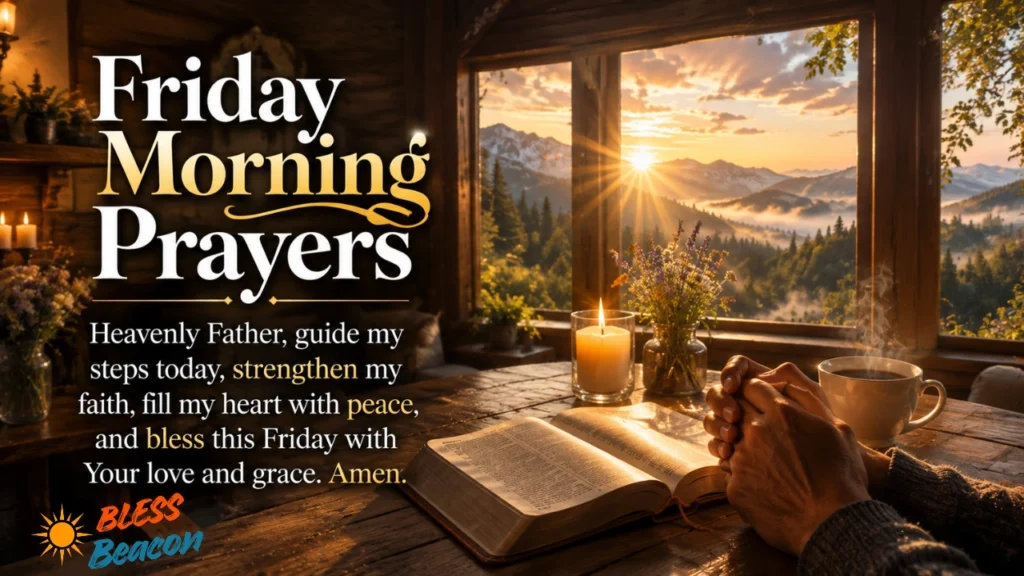 Friday Morning Prayers image featuring an open Bible, folded hands in prayer, a glowing candle, and a peaceful mountain sunrise.