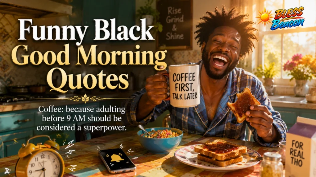 250+ African American Good Morning Quotes, Blessings & Prayers 5 Funny Black Good Morning Quotes featuring a playful morning breakfast scene with coffee and an alarm clock.