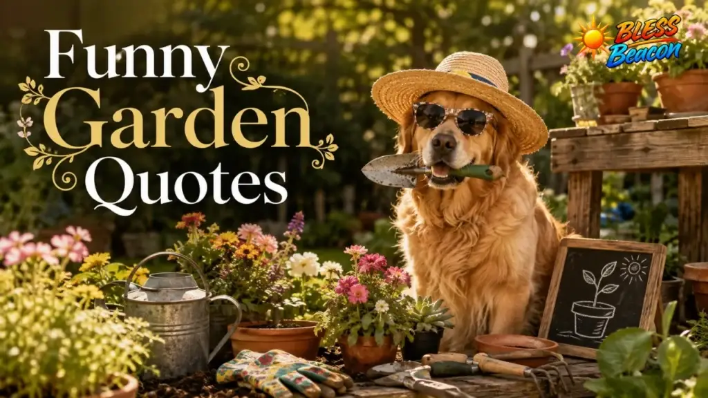 Funny garden quotes with a golden retriever in a gardening hat and colorful flowers.