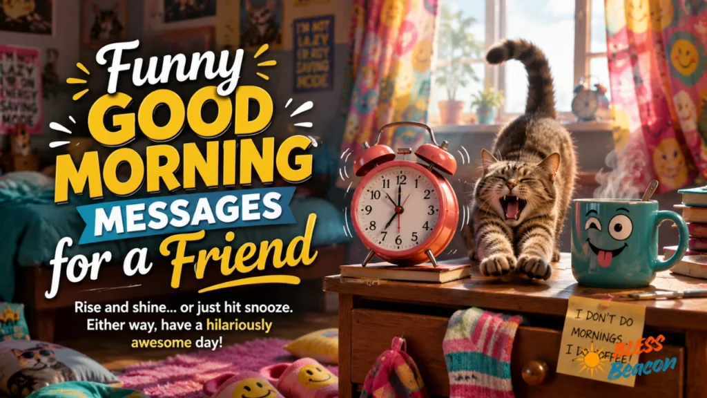 Funny morning scene with an alarm clock, sleepy cat, pillows, and coffee.