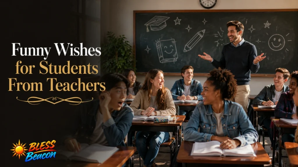Funny wishes for students from teachers in a cheerful classroom