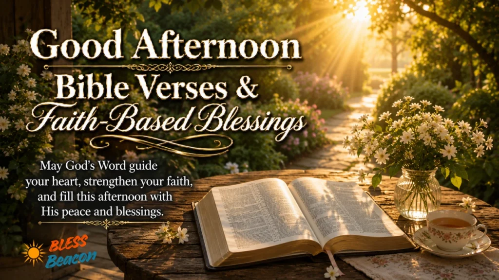 Good Afternoon Bible Verses image with an open Bible, flowers, and warm afternoon sunlight.