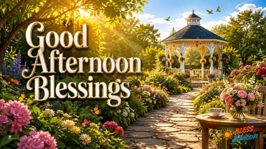 Good Afternoon Blessings image with a peaceful garden, gazebo, flowers, and warm sunlight.