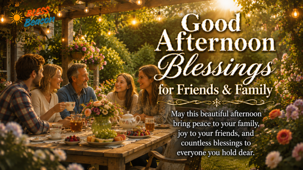 Good Afternoon Blessings for Friends and Family image showing loved ones gathered in a garden.