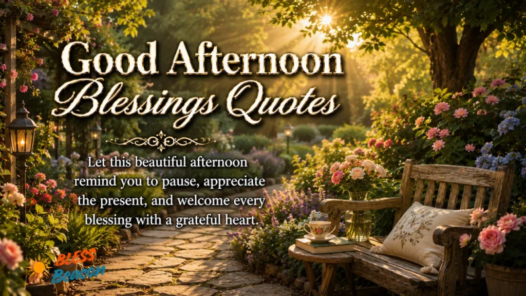 Good Afternoon Blessings Quotes image with a garden pathway, flowers, and warm sunlight.