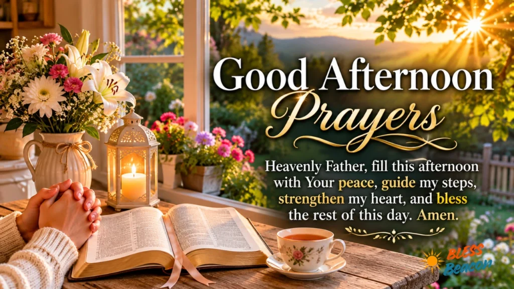 Good Afternoon Prayers image with an open Bible, folded hands, flowers, and afternoon sunlight