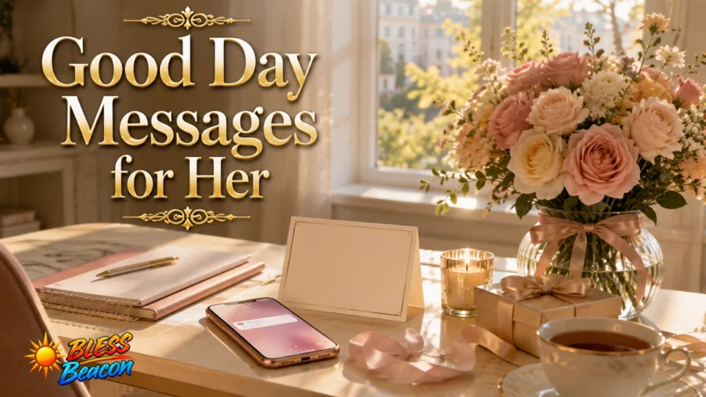 Good Day Messages for Her with flowers and a greeting card