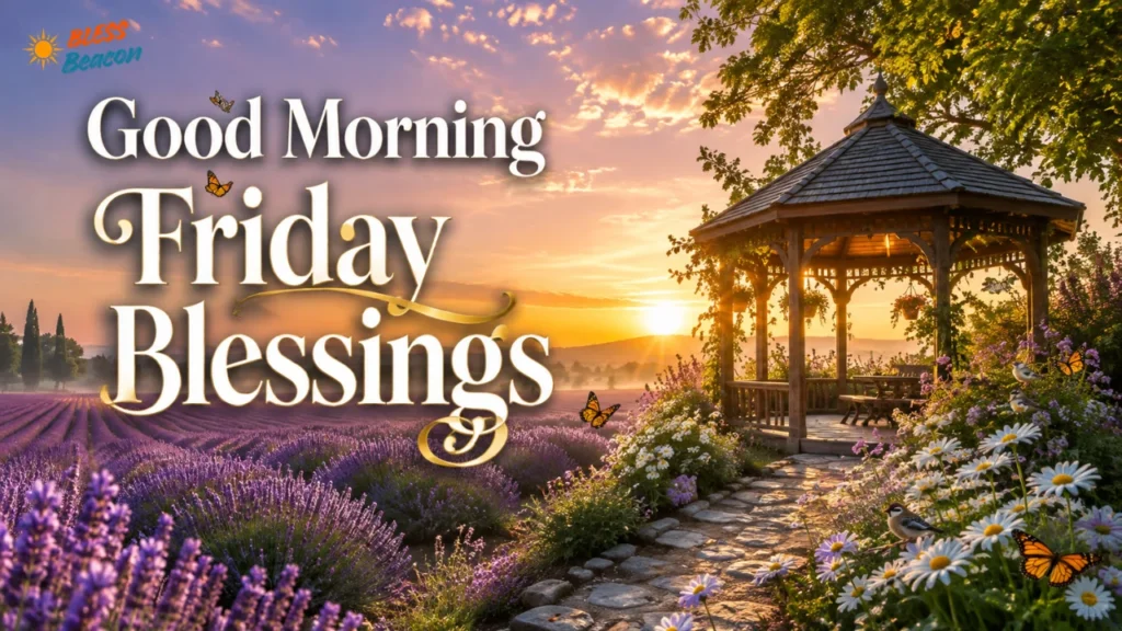 Good Morning Friday Blessings featured image with a lavender field, sunrise, stone pathway, and peaceful morning landscape.