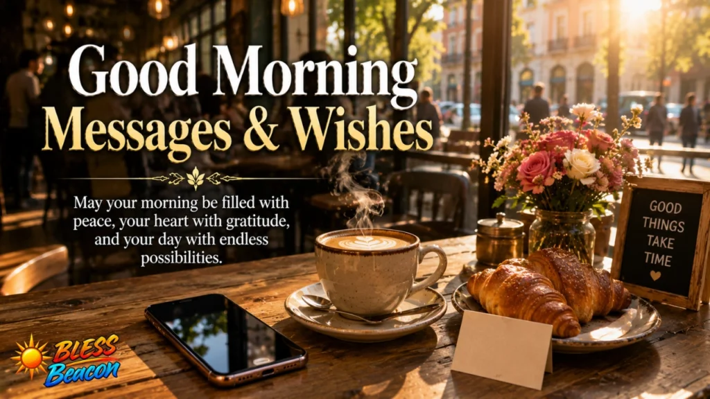 250+ African American Good Morning Quotes, Blessings & Prayers 7 Good Morning Messages and Wishes with coffee, flowers, a smartphone, and a cozy café setting.