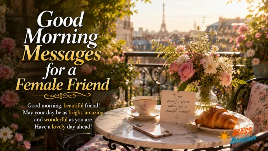 Elegant morning balcony with flowers, tea, pastries, and a friendship card.