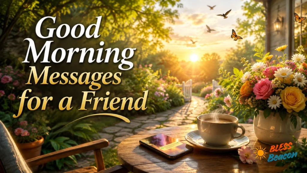 Good Morning Messages for a Friend image with coffee, flowers, a smartphone, and a peaceful sunrise.