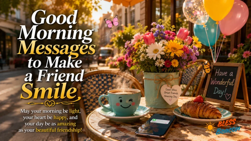 Good morning message scene with coffee, flowers, pastry, smartphone, balloons, and butterflies.