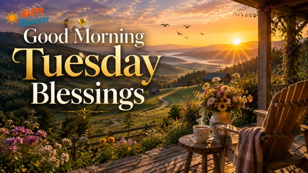 Good Morning Tuesday Blessings image with a peaceful porch, flowers, coffee, and golden sunrise.