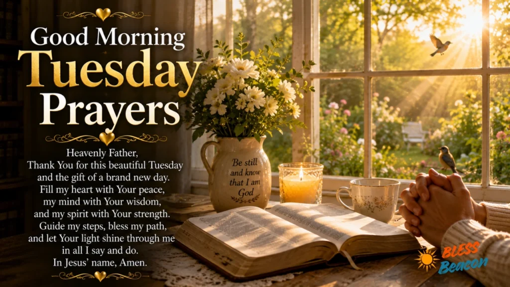 Tuesday morning prayers with an open Bible, folded hands, flowers, and sunlight