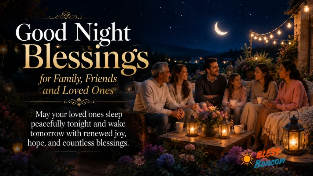 Good Night Blessings for Family, Friends and Loved Ones with people gathered under a peaceful starry sky.