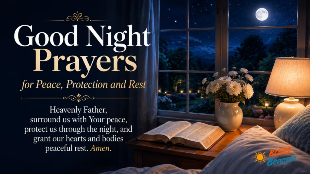 Good Night Prayers image with an open Bible, folded hands, flowers, and soft moonlight.