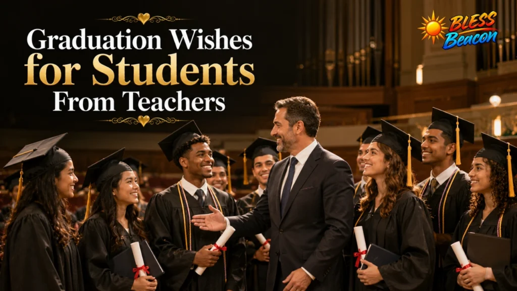 Teacher congratulating graduating students at a ceremony