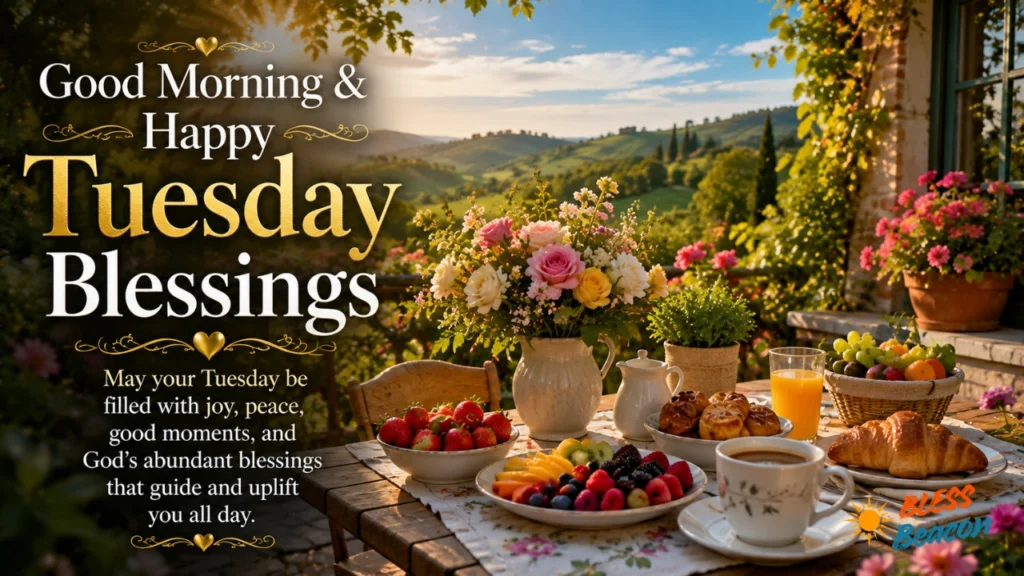 Happy Tuesday blessings with a breakfast table, flowers, and sunny morning hills.