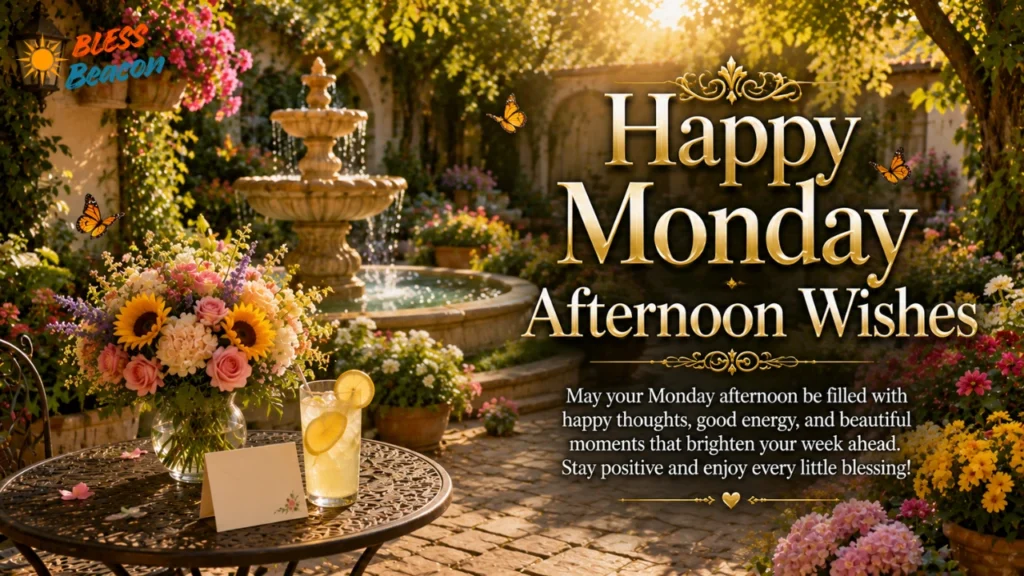 Happy Monday Afternoon Wishes image with a garden fountain, flowers, lemonade, and greeting card.