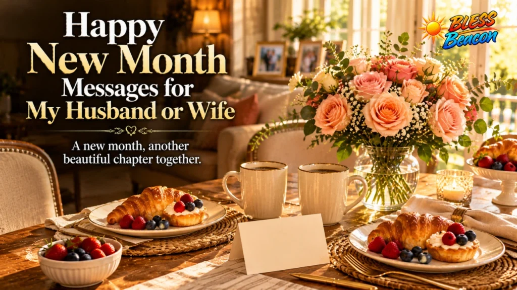 Happy New Month Messages for My Husband or Wife with breakfast, flowers, and matching coffee mugs.