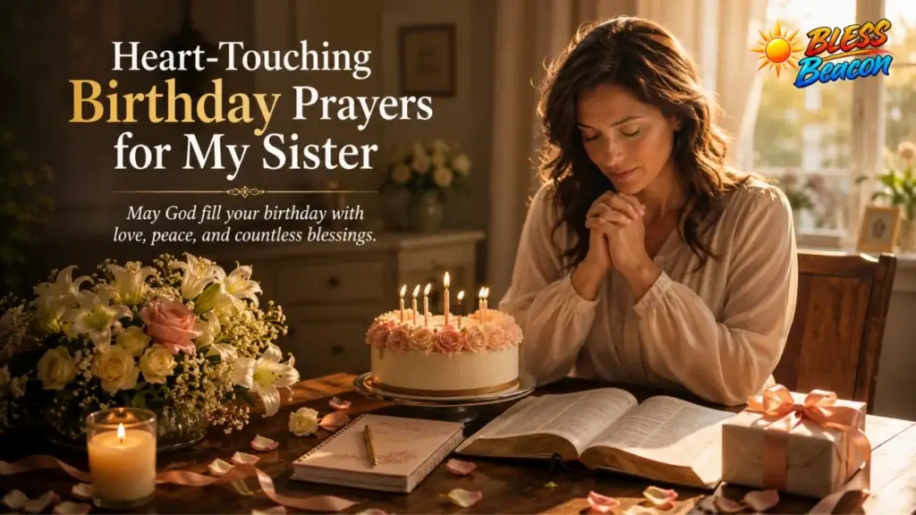 Heart-touching birthday prayer scene with a woman praying beside a Bible, cake, flowers, and gift.