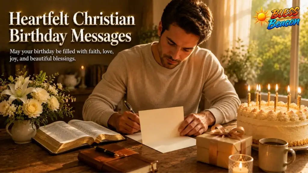 Heartfelt Christian birthday messages with Bible and greeting card
