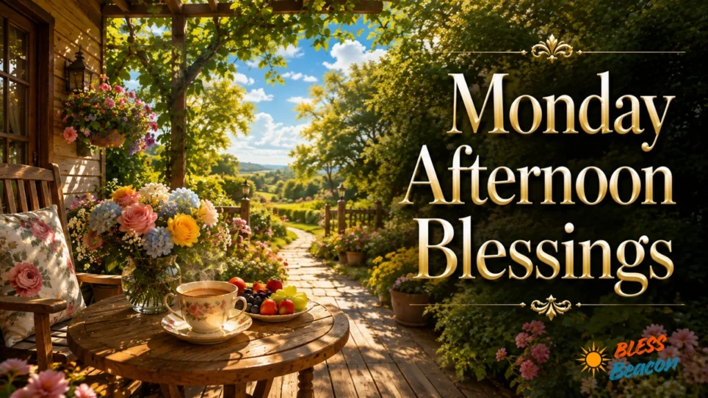 Monday Afternoon Blessings image with flowers, tea, greenery, and warm afternoon sunlight.