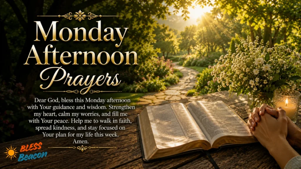 Monday Afternoon Prayers with an open Bible, folded hands, flowers, and sunlight.